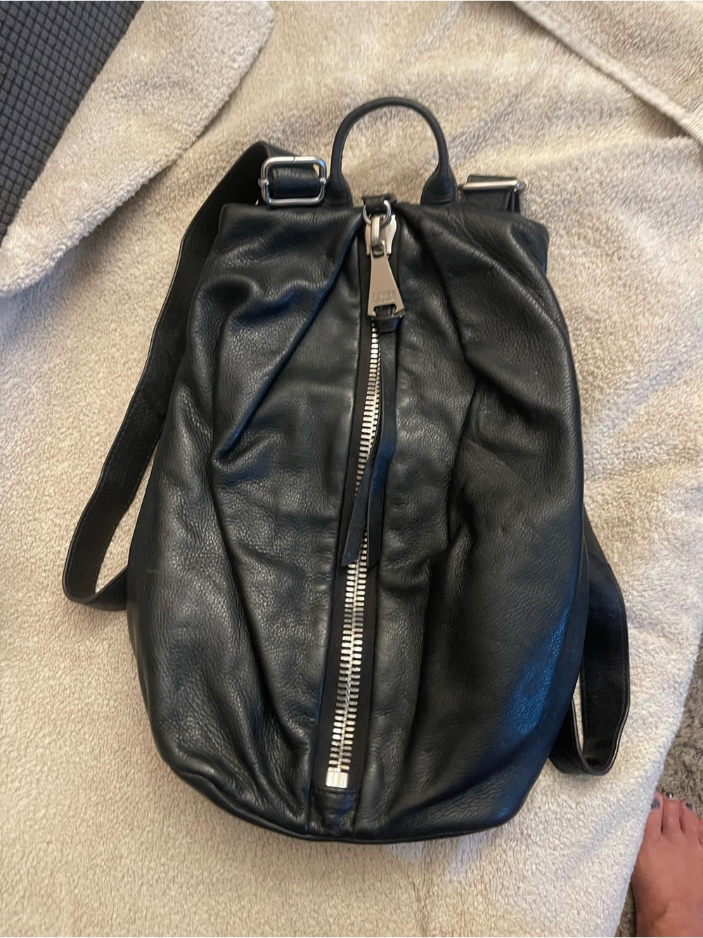 Aimee Kestenberg Black Leather Backpack with Center Silver Zipper